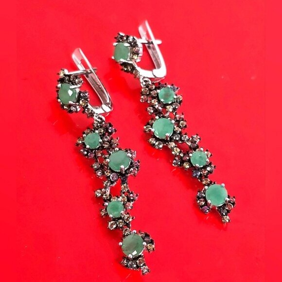 925 Sterling Silver Earrings 4.5cm with Natural Emerald 4mm & Sapphire Gemstone. - Picture 3 of 10